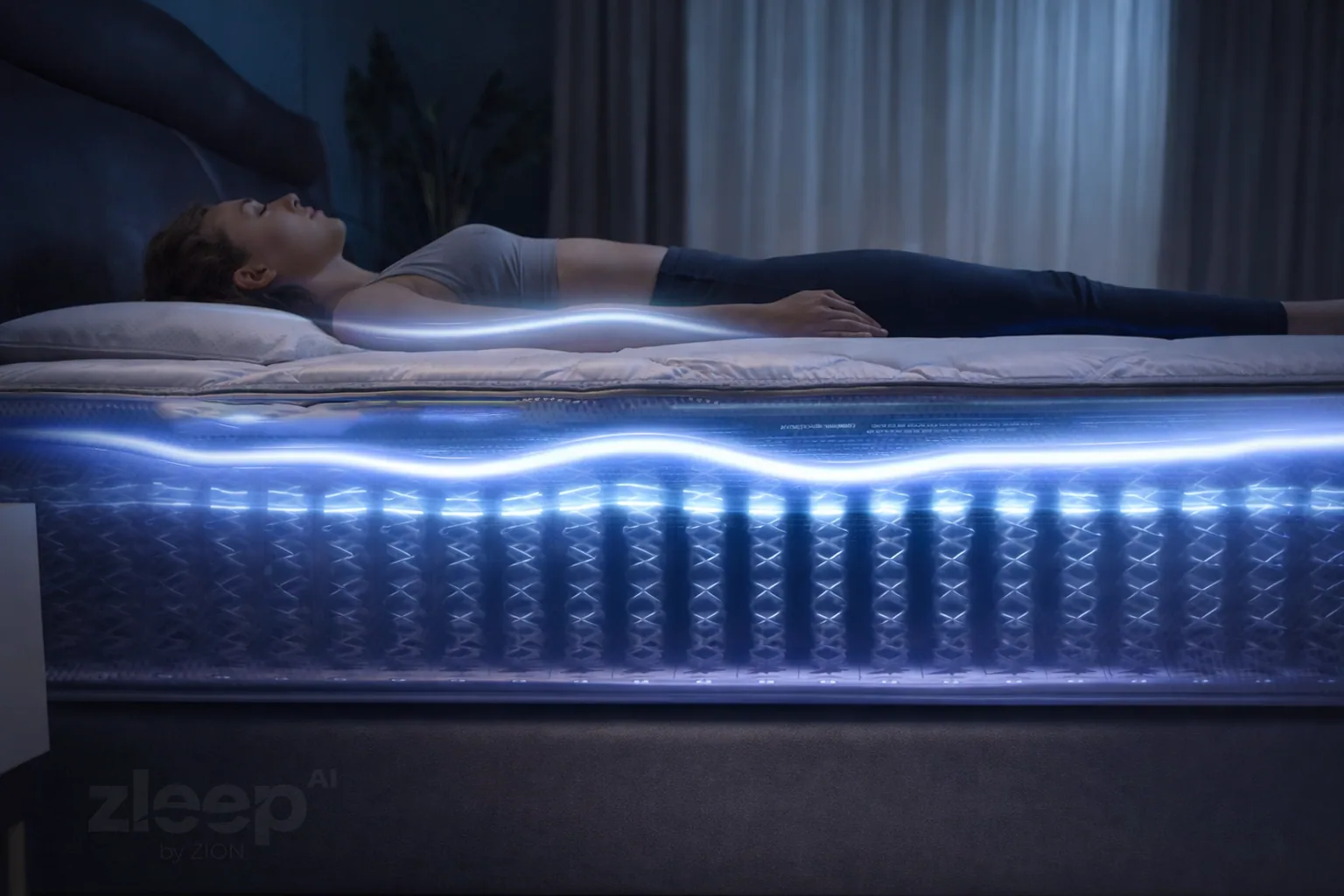 Sleeper resting on the illuminated Zleep AI mattress