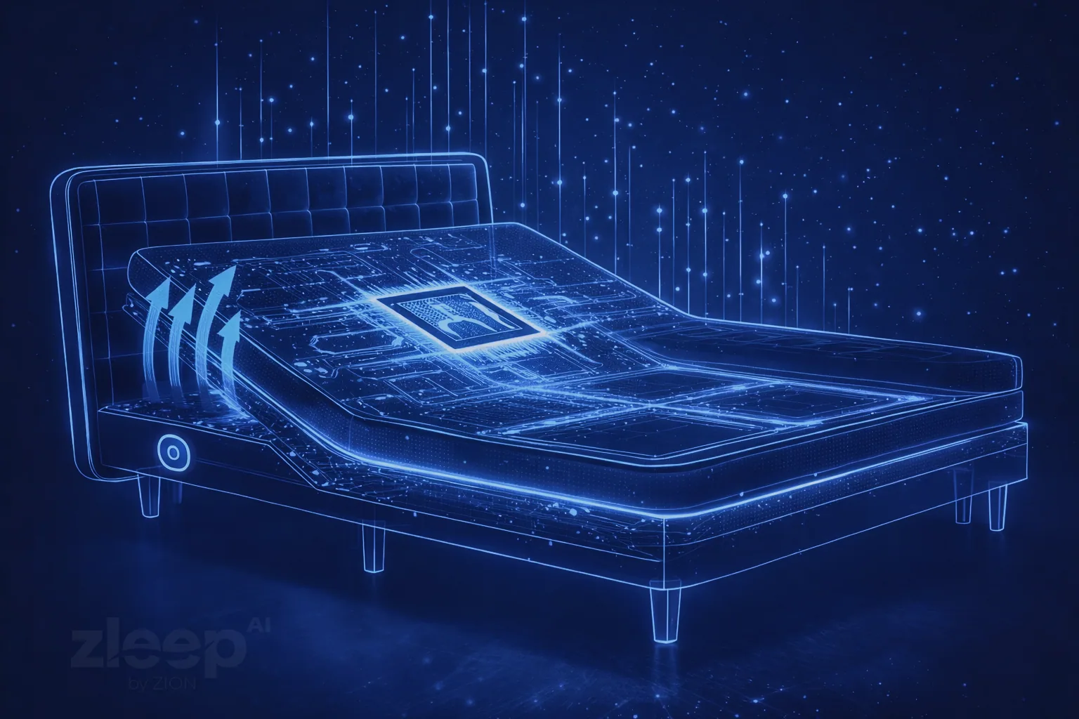 Digital wireframe rendering of the Zleep AI smart bed