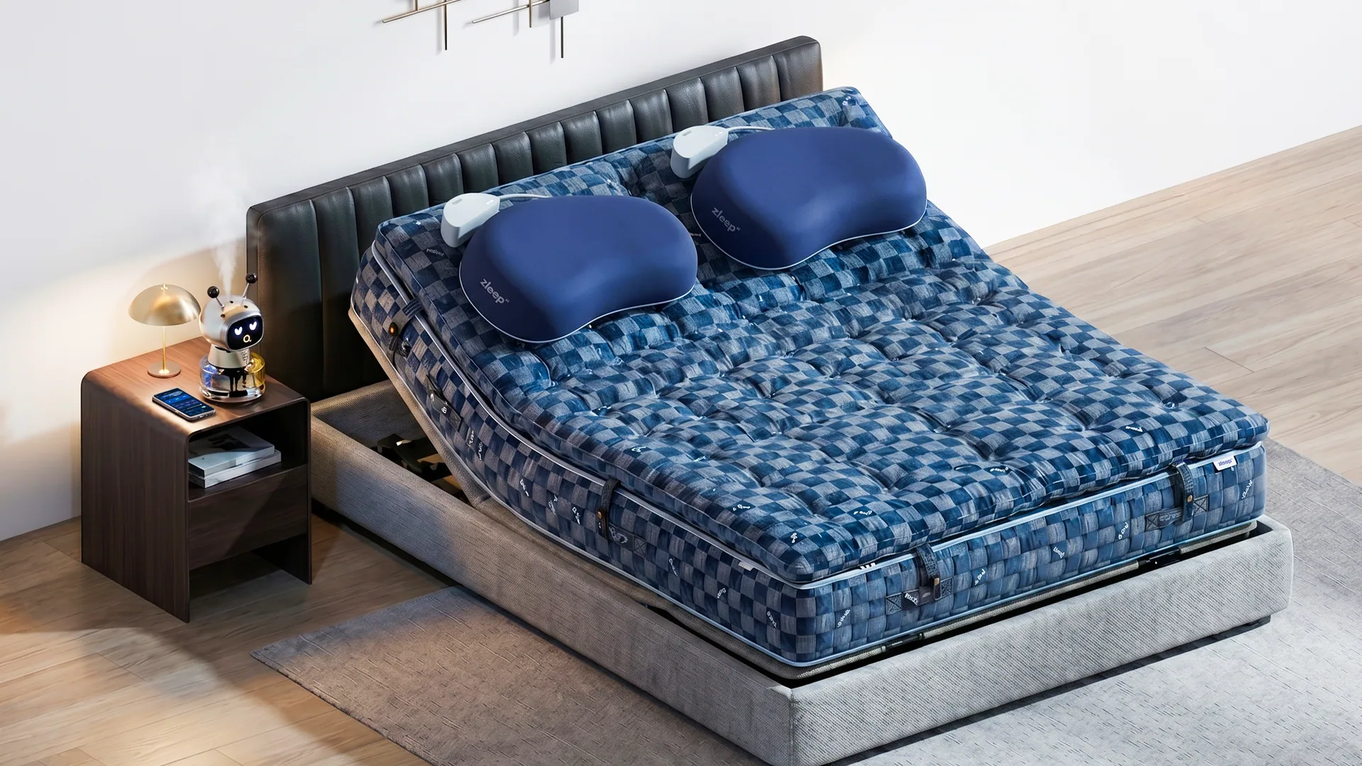 The Zleep AI integrated sleep system — mattress, smart base, pillow, diffuser, and app